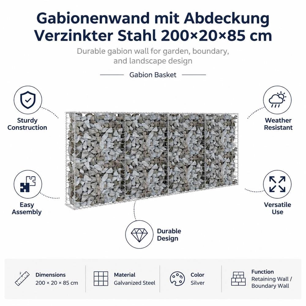Gabion Wall With Cover, Galvanized Steel, 200x20x85 Cm