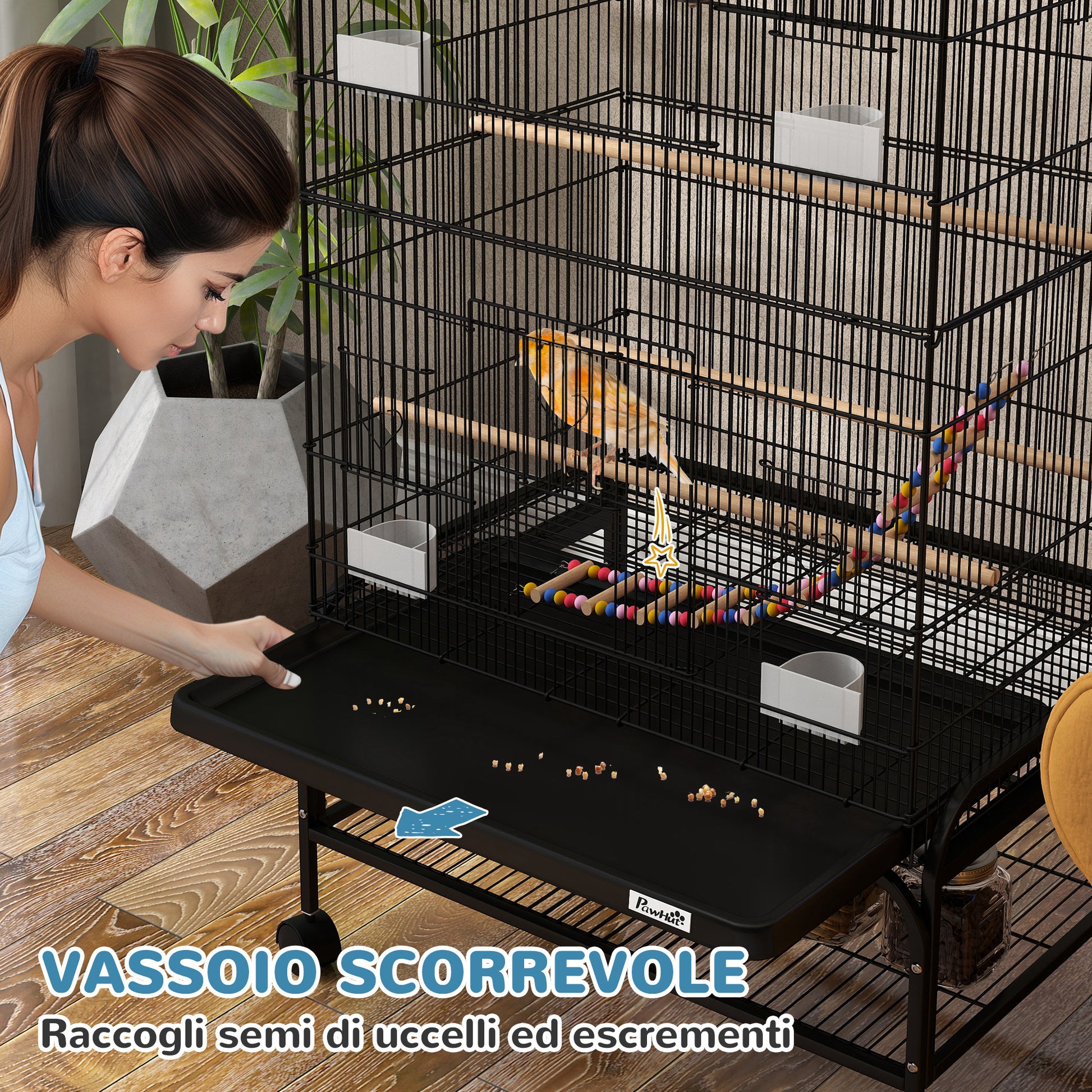 Gabbia per Uccelli 64x45x110 cm con Area Gioco Vassoio Estraibile e Mensola Nero