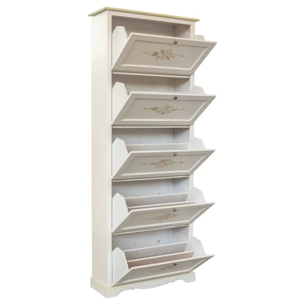 Scarpiera 5 ante shabby bianco decorato filo verde 79x30x210 - Mobili 2G