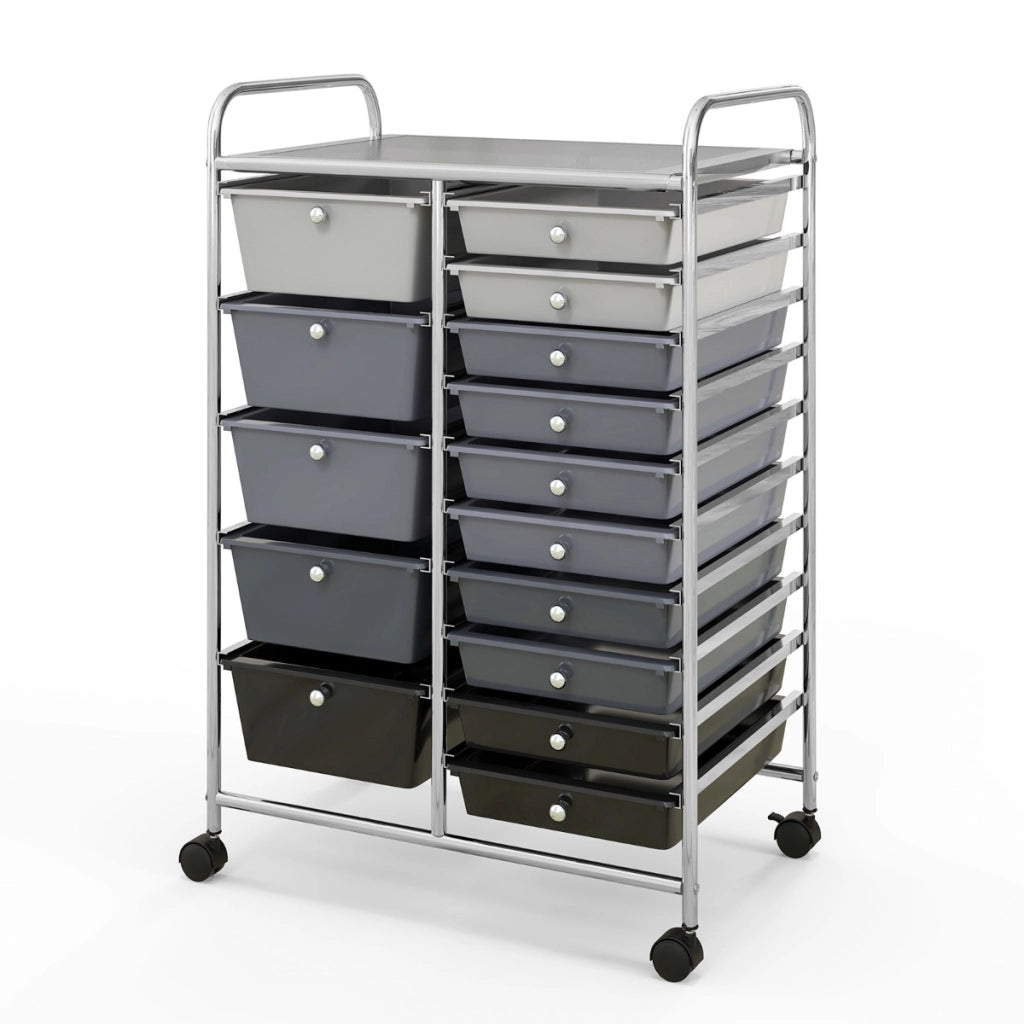 Carrello con 15 cassetti estraibili e ruote con freno, Carrello multiuso per casa ufficio scuola Argento-Armadi da ufficio