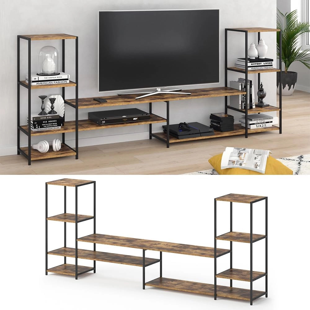 Mobile tv Fyrk, Legno antico, 226 x 93 cm, con ripiani aperti per la conservazione di dispositivi multimediali