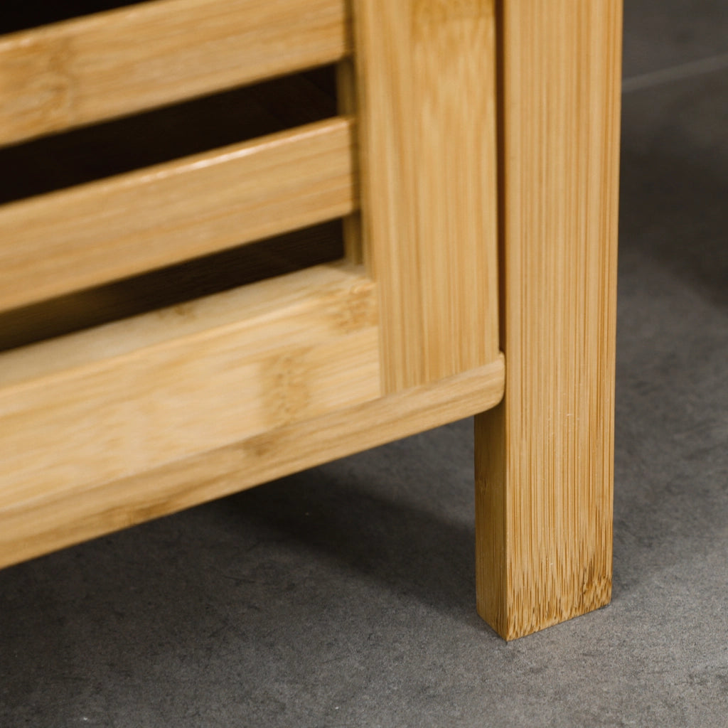 Mobile bagno in bambù con 2 ripiani aperti e armadietto, altezza 120 cm, colore legno naturale
