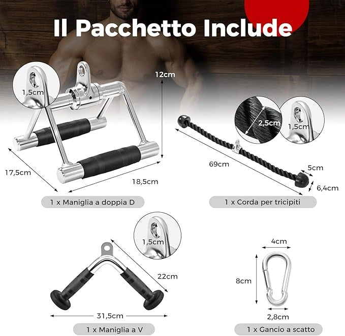 Set di Accessori per Macchine a Cavi, Accessori per LAT Pulldown incl. Barra a V, Corda per Tricipiti e Maniglia a Doppio D, Accessori per Macchine da Allenamento per Casa