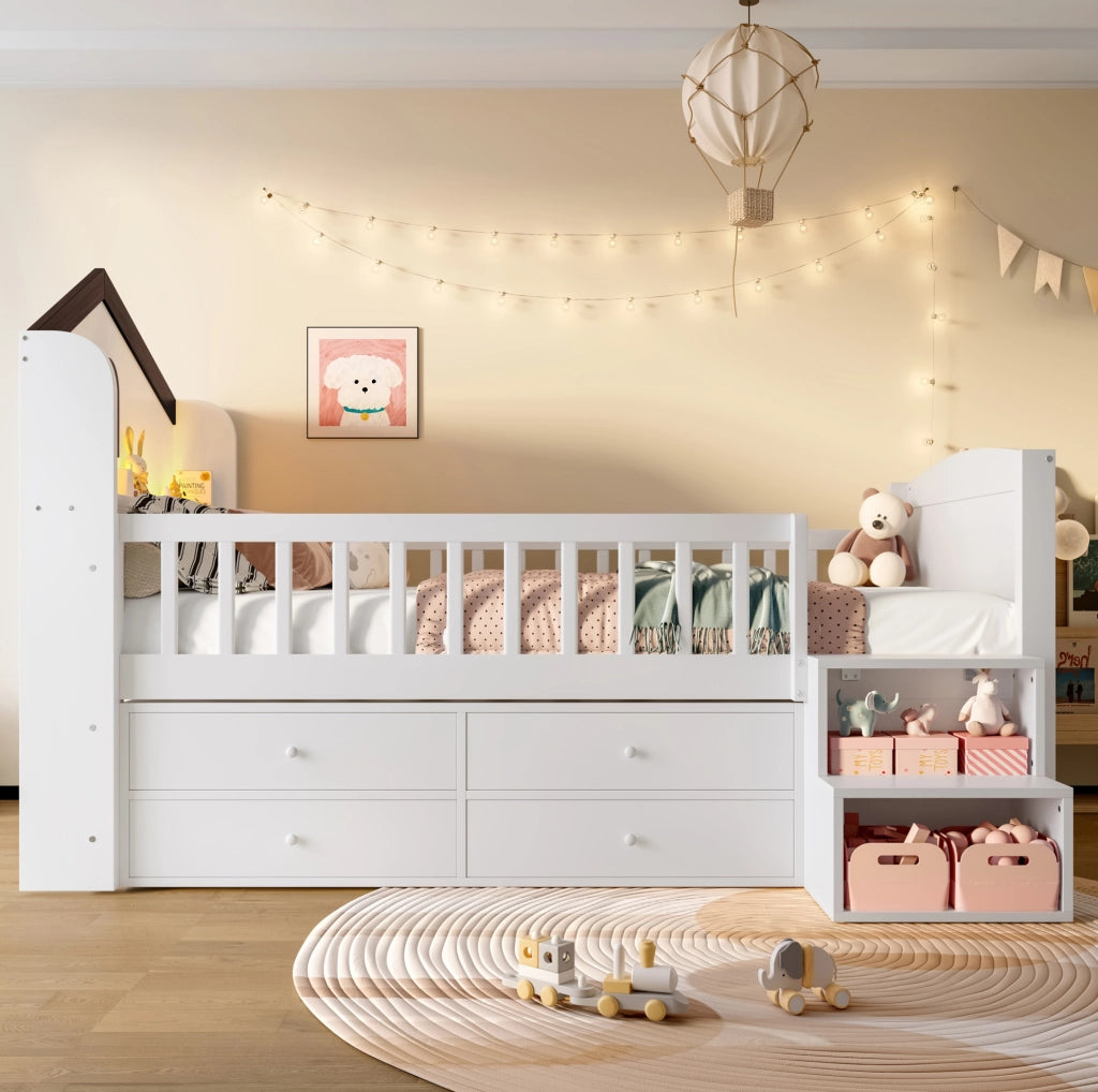 Letto a soppalco 90x200 cm con LED e spazio portaoggetti in legno bianco