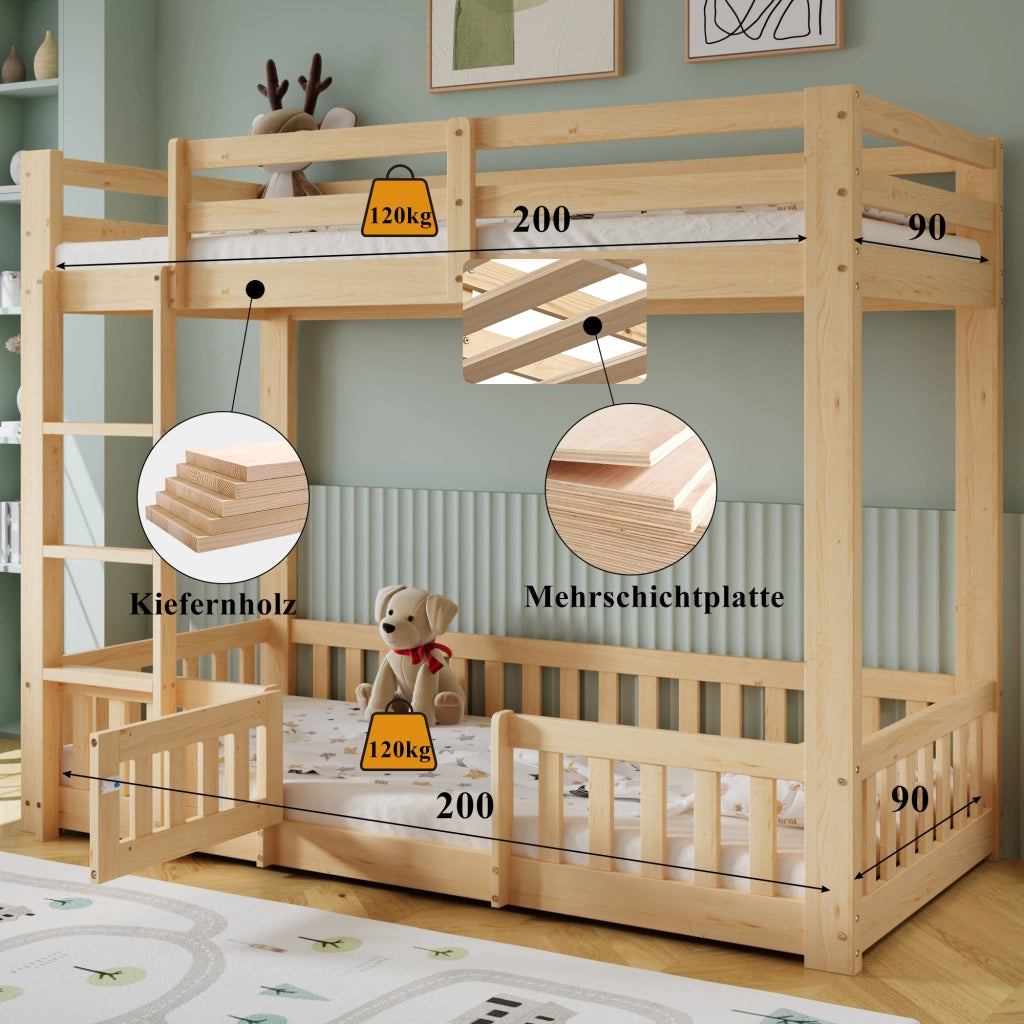 letto a castello legno naturale 90 x 200 cm