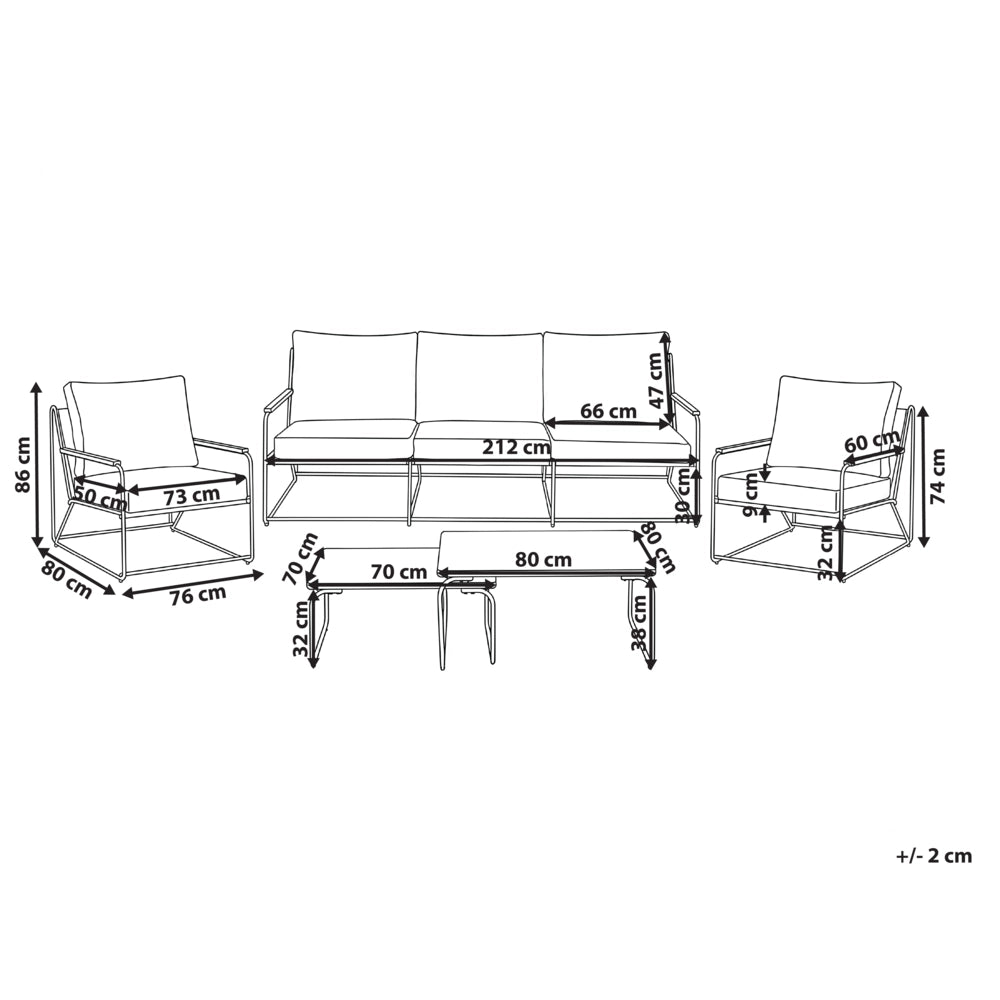 Set divani da giardino nero e beige in acciaio verniciato a polvere a 5 posti con poltrone Cuscini Due tavolini Set da esterno dal design moderno