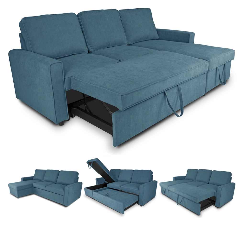 Divano letto angolare con contenitore, divano con chaise longue blu denim - Kennedy DL-KE07CL