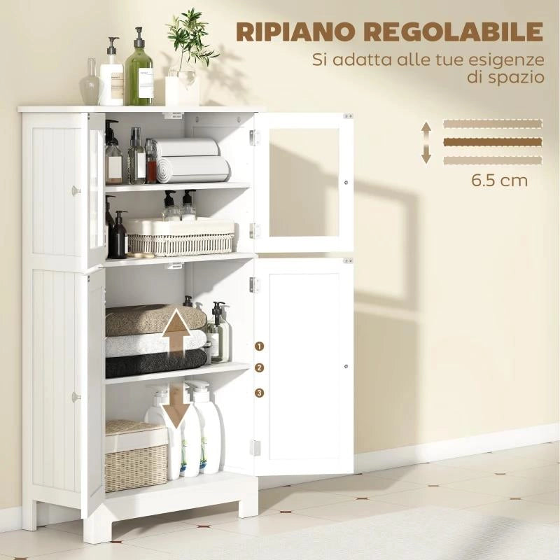 MOBILETTO BAGNO CON DUE ARMADIETTI, ANTE IN VETRO E RIPIANO REGOLABILE, 60X30X108.5 CM, BIANCO