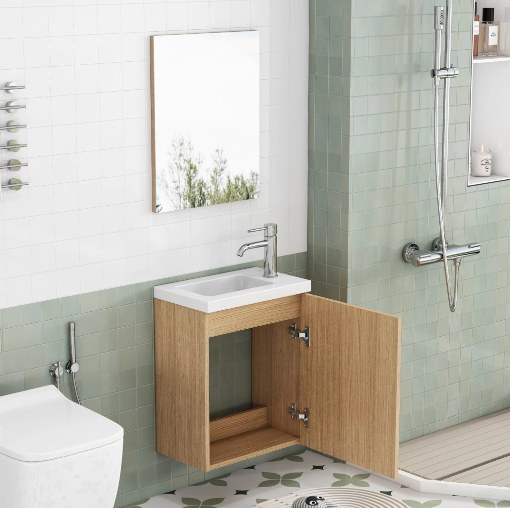 MOBILE BAGNO Sospeso Set con Lavabo in Ceramica e Specchio MDF Rovere