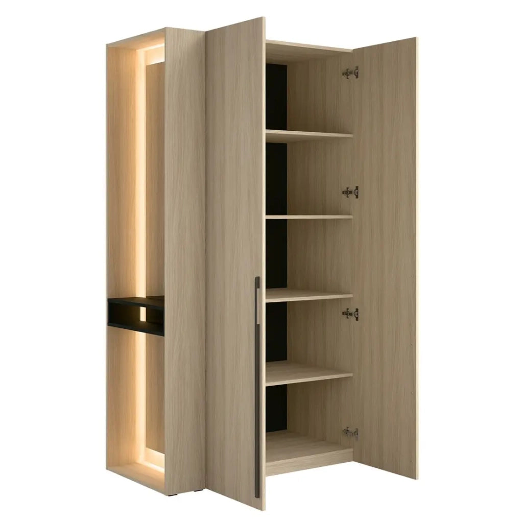 Armadio design SORIA 204 cm in quercia e nero con specchio LED, nicchia e ripiani - 2 ante a battente