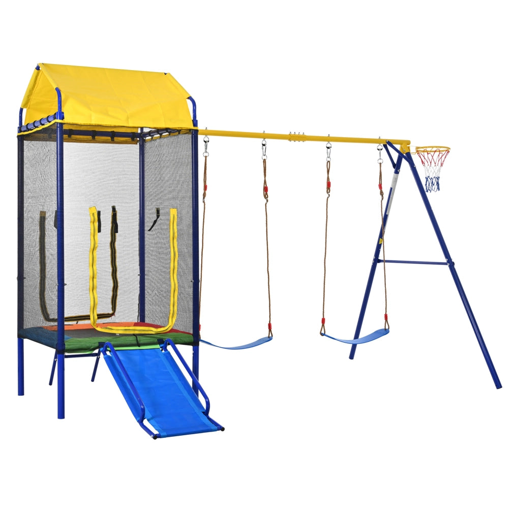 Set gioco da esterno 4 in 1 con trampolino; doppia altalena; scivolo e canestro in ferro