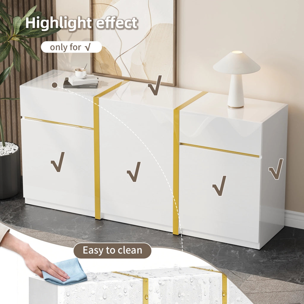 Credenza lucida, 3 ante e 2 cassetti, mobile da ingresso, finiture dorate, bianco