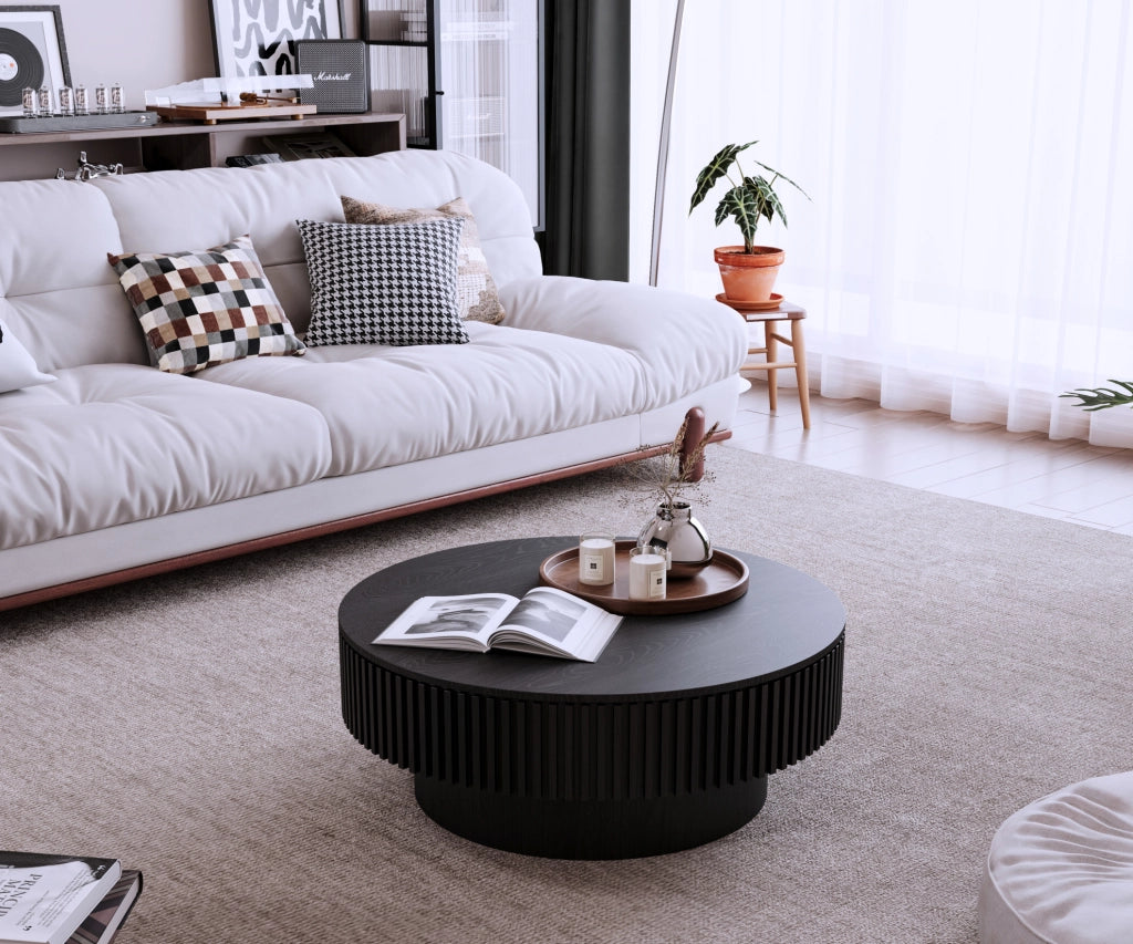 Tavolino da caffè rotondo 75 cm con vano contenitore, MDF impiallacciato in legno, colore nero