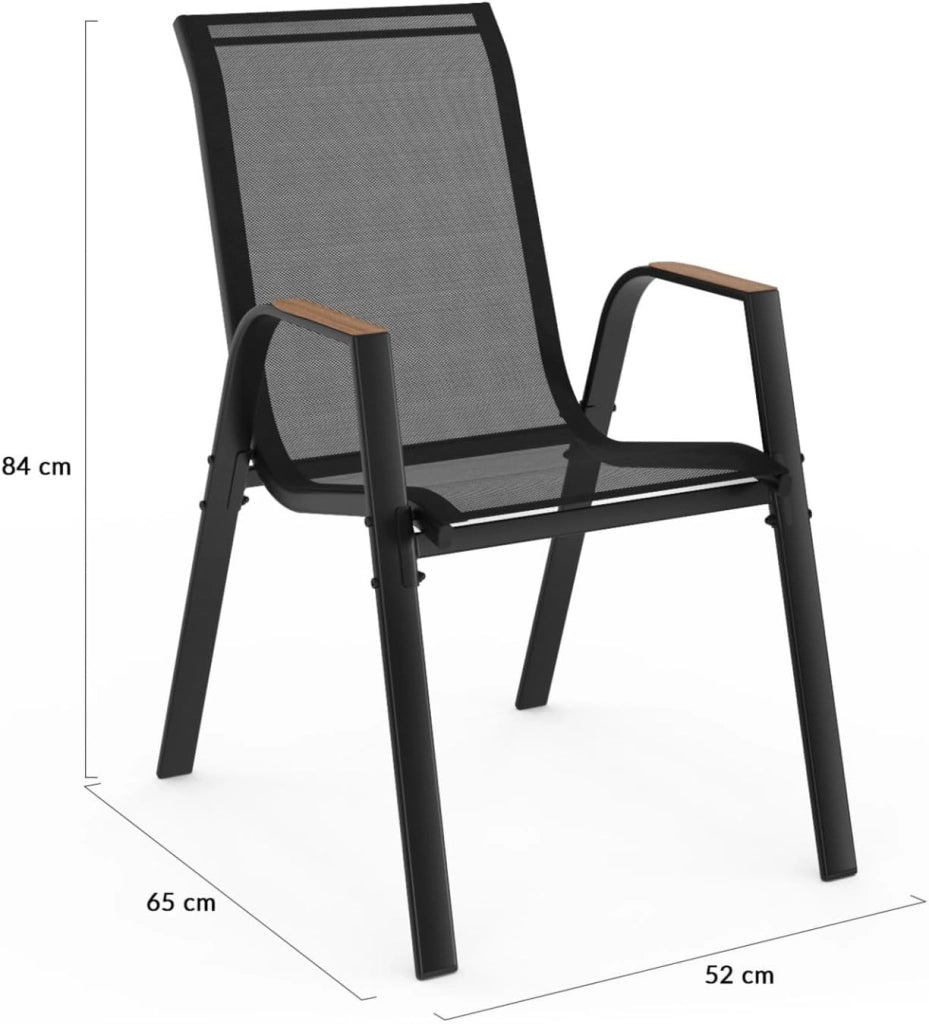 Set di 6 sedie da giardino impilabili NOUMEA in metallo e textilene, nero e legno