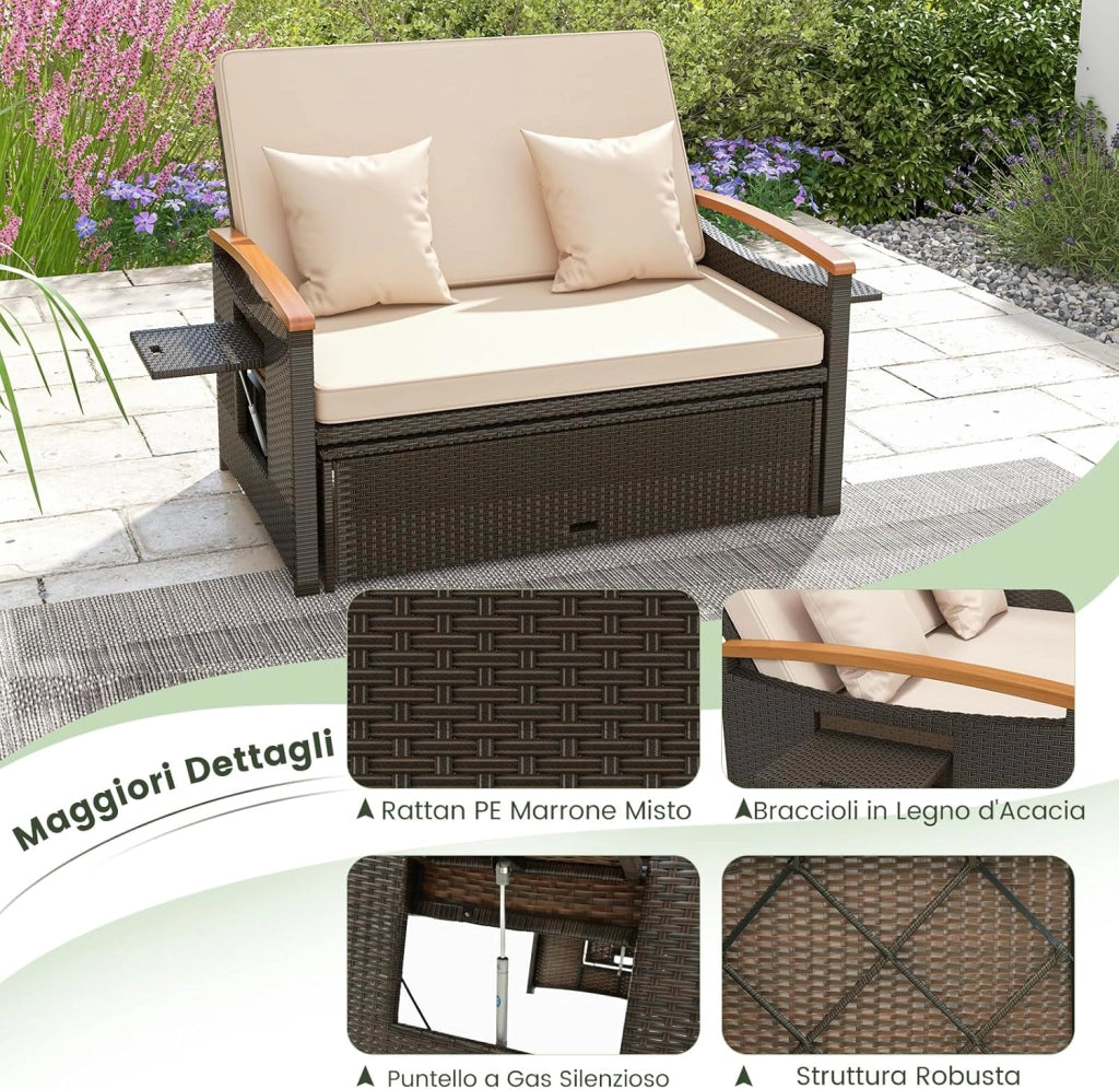 Set Divano da Giardino in Rattan, con Cuscino e Panca Contenitore, Divano Letto con Schienale Regolabile a 4 Livelli e Vassoi Laterali Estraibili, per Giardino Piscina Cortile