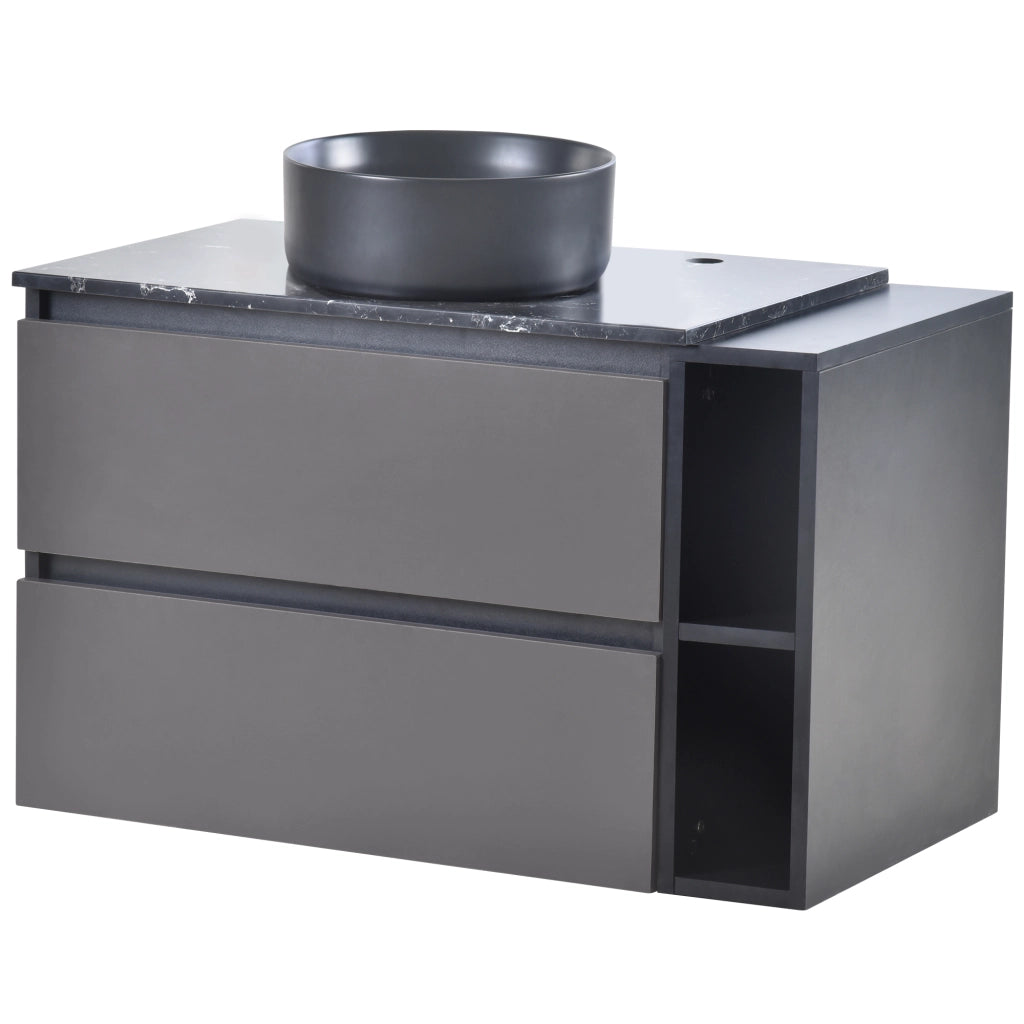 Mobile sottolavabo con cassetti e vano aperto; lavabo rotondo in ceramica; per bagno; in MDF; nero e grigio