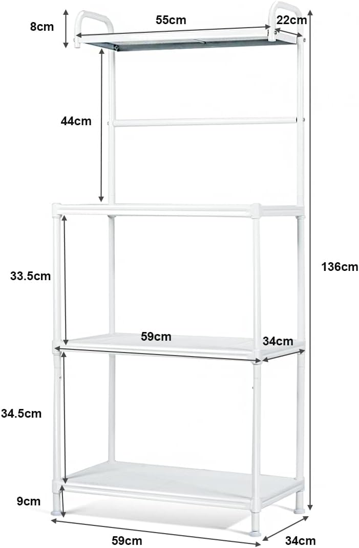 Microonde Scaffale da Cucina per Microonde in Metallo a 4 Ripiani, Carrello per Microonde Scaffalatura Organizzatore Portaoggetti, 60 x 34,5 x 136 cm (Bianco)