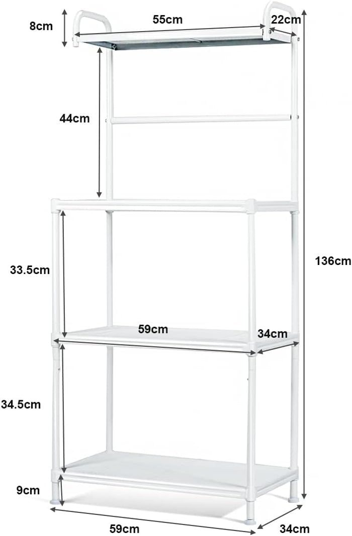 Microonde Scaffale da Cucina per Microonde in Metallo a 4 Ripiani, Carrello per Microonde Scaffalatura Organizzatore Portaoggetti, 60 x 34,5 x 136 cm (Bianco)