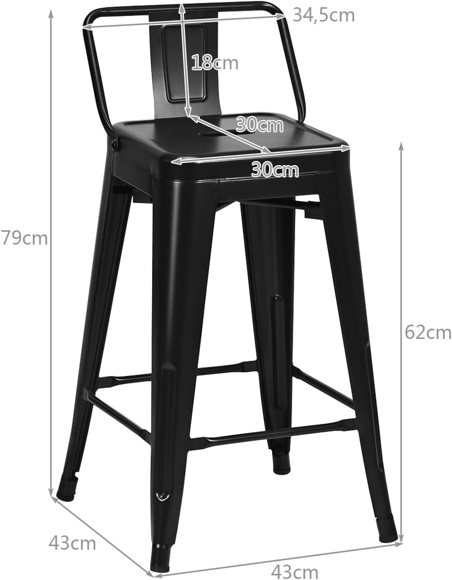 Set di 4 Sgabelli da Bar da 62 cm, Impilabile Sedie da Cucina Alto, in Metallo, con Schienale Rimovibile, Poggiapiedi, Design Industriale (Nero)