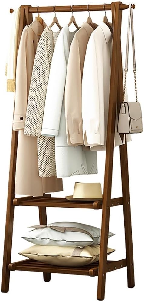 Appendiabiti in bambù, Appendiabiti con ripiano portaoggetti a Doppio Strato, Asta Appendiabiti per Vestiti con 160 cm di Altezza, Appendiabiti per Camera da Letto, Appendiabiti Pieghevole l