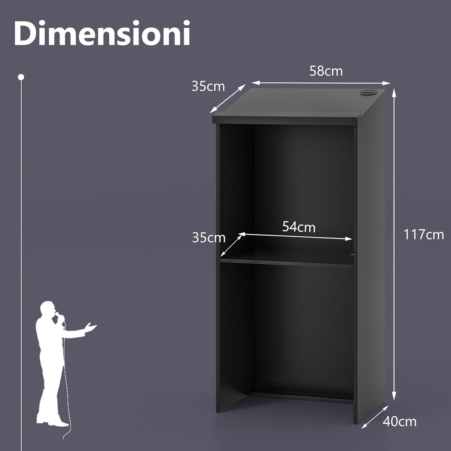 Leggio per Oratori, Podio per Conferenza con Ripiani e Fori per Cavi, Leggio da Pulpito in Legno per Aula, Ufficio, Ristorante e Seminario, Nero