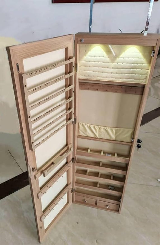 Armadietto per Gioielli con Illuminazione a LED Portagioie da Parete con Specchio, Chiudibile a Chiave, 35,5 x 10 x 120 cm (Naturale)