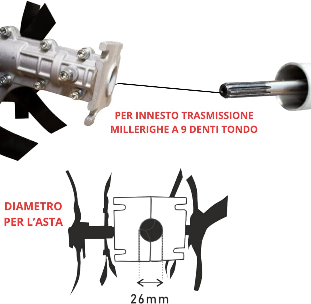 Gruppo Zappette per Decespugliatore e Motozappa, Fresa con Ingranaggio a 9 Denti, Tubo Ø26 mm - Strumenti Professionali per Orti e Giardini