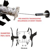Gruppo Zappette per Decespugliatore e Motozappa, Fresa con Ingranaggio a 9 Denti, Tubo Ø26 mm - Strumenti Professionali per Orti e Giardini