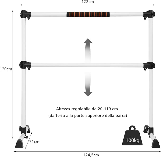 Sbarra da Balletto Doppia in Metallo, Portatile e Regolabile in Altezza con Cuscinetti Antiscivolo e Base Girevole, Ideale per Allenamento Stretch, Carico Massimo 50 kg