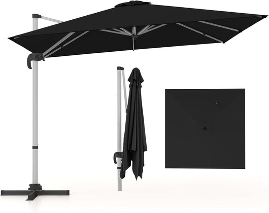 Ombrellone da Giardino, con Base Incrociata, Ombrellone Quadrato da Esterno con Palo in Alluminio e Girevole a 360°, Manovella e Inclinazione Regolabile, 300 x 300 cm (Nero)