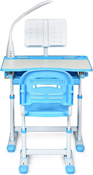 Set Sedia e Scrivania per Bambini Altezza e Angolo Regolabile e Multifunzionale, Con Cornice per la Lettura e Lampada di Protezione per gli Occhi Colore Disponibili: Blu/grigio/rosa (BLU)