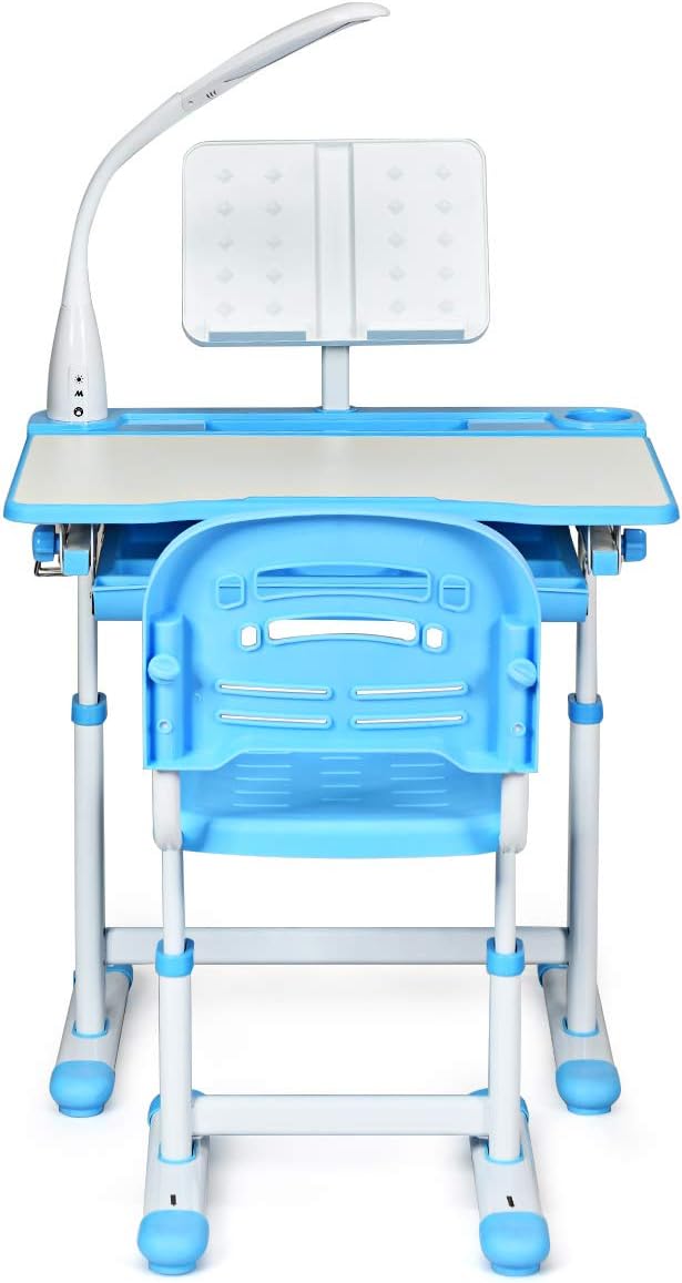 Set Sedia e Scrivania per Bambini Altezza e Angolo Regolabile e Multifunzionale, Con Cornice per la Lettura e Lampada di Protezione per gli Occhi Colore Disponibili: Blu/grigio/rosa (BLU)