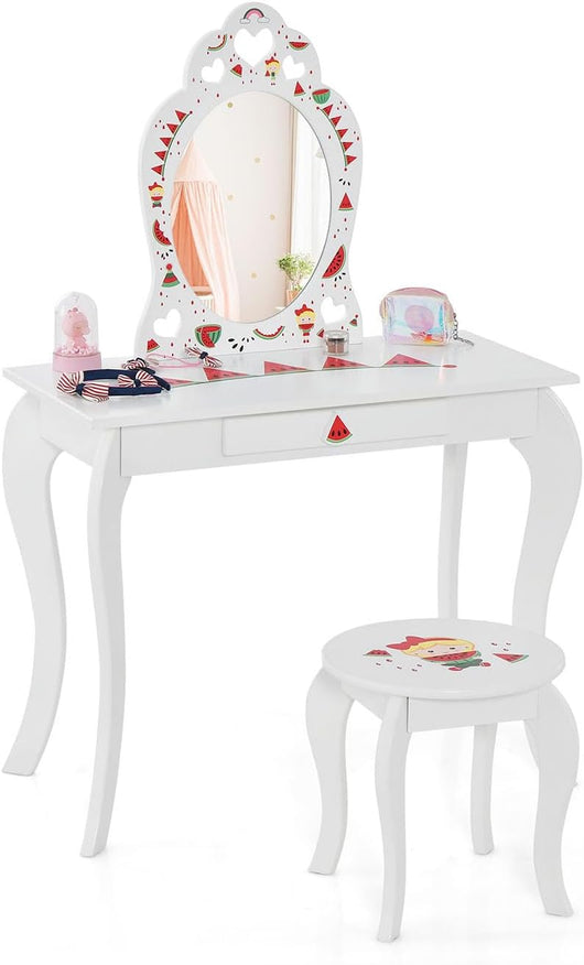 Toeletta Trucco Bambina e Sgabello, Tavolo da Trucco per Bambini 2 in 1 con Specchio Rimovibile e Cassetto Portaoggetti, 3 Anni, Bianco
