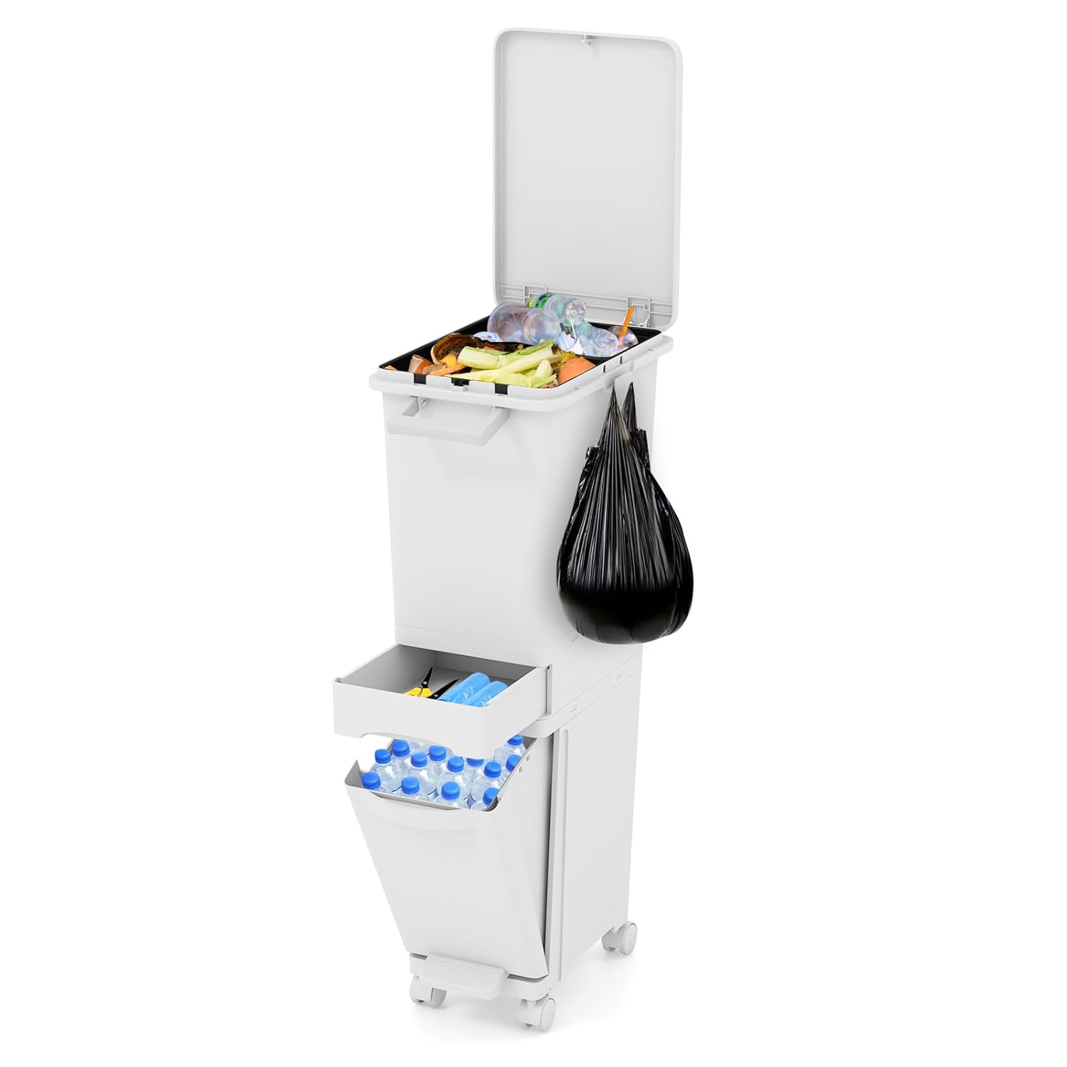 3 in 1 Pattumiera 32L, Cestino per Rifiuti con 2 Cassetti, 2 Scomparti Superiori e Adesivi, Pattumiera in Plastica a Pedale per Cucina Sala da Pranzo Soggiorno, 40x26x84 cm