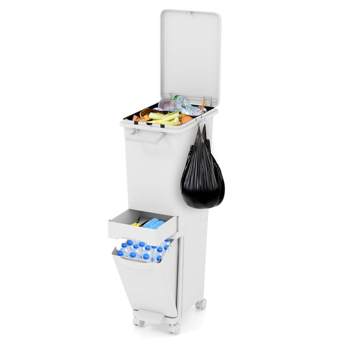 3 in 1 Pattumiera 32L, Cestino per Rifiuti con 2 Cassetti, 2 Scomparti Superiori e Adesivi, Pattumiera in Plastica a Pedale per Cucina Sala da Pranzo Soggiorno, 40x26x84 cm
