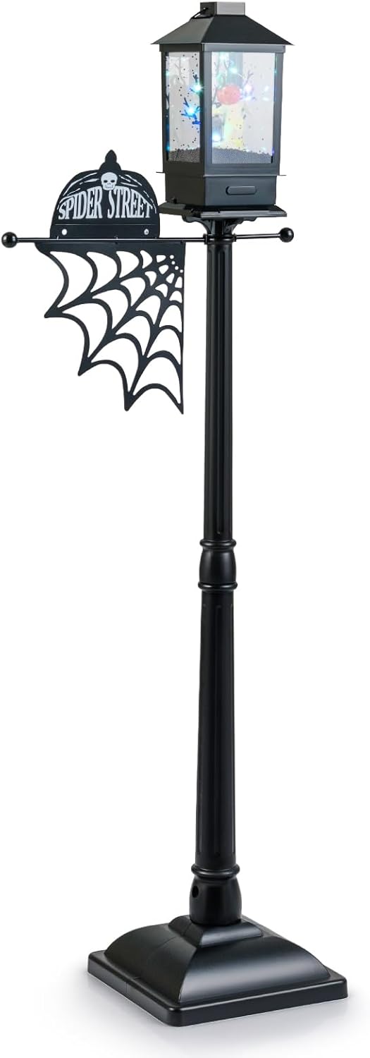 Palo della Lampada di Halloween Alto 155 cm, Decorazione per Halloween con Luci LED a 6 Colori, Musica ed Effetti Neve Nera, Zucca Fantasma e Ragnatela, per Cortile, Festa, Giardino, Prato