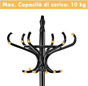 Attaccapanni da Terra Appendiabiti a piedi con 12 Ganci in Legno Ecologico, 51 x 51 x 184 cm (Nero)
