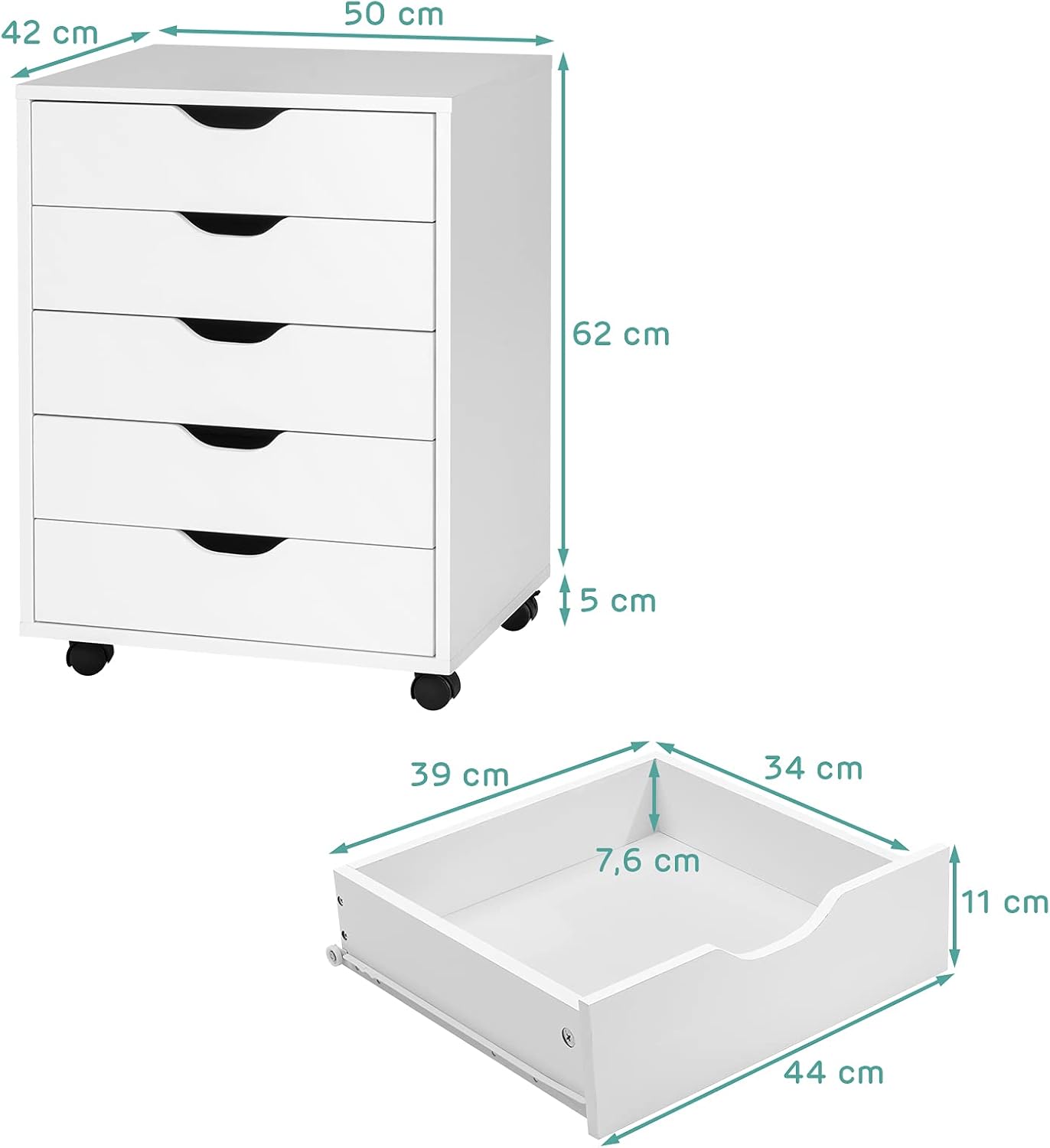 Cassettiera da Ufficio con 5 Cassetti e Ruote, Mobiletto Multiuso per Documenti e Cosmetici, Comodino con Ruote per Camera da letto, Studio, Ufficio e Soggiorno (Bianco)
