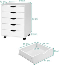Cassettiera da Ufficio con 5 Cassetti e Ruote, Mobiletto Multiuso per Documenti e Cosmetici, Comodino con Ruote per Camera da letto, Studio, Ufficio e Soggiorno (Bianco)