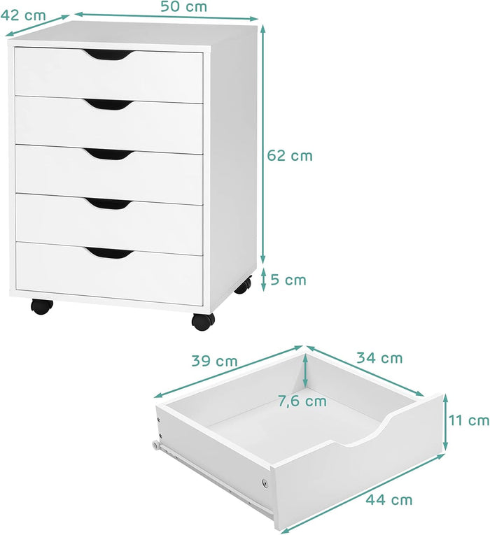 Cassettiera da Ufficio con 5 Cassetti e Ruote, Mobiletto Multiuso per Documenti e Cosmetici, Comodino con Ruote per Camera da letto, Studio, Ufficio e Soggiorno (Bianco)