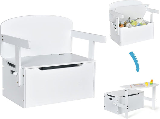 Cassapanca Contenitore 3 in 1 per Bambini Trasformabile in Legno con Scatola dei Giocattoli, Tavolo bambini con Sedie Multifunzione per 3-7 Anni (Bianco)