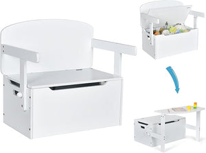 Cassapanca Contenitore 3 in 1 per Bambini Trasformabile in Legno con Scatola dei Giocattoli, Tavolo bambini con Sedie Multifunzione per 3-7 Anni (Bianco)