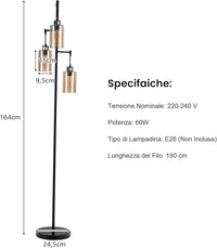 Lampada da Terra, Lampada a Stelo Retrò con Paralume in Vetro Ambrato a 3 Teste Sospese, Interruttore a Pedale, Base in Metallo, Ideale per Soggiorno, Camera da Letto, Corridoio e Studio