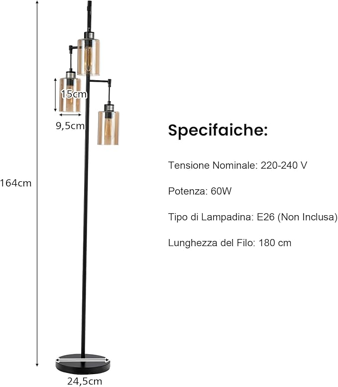 Lampada da Terra, Lampada a Stelo Retrò con Paralume in Vetro Ambrato a 3 Teste Sospese, Interruttore a Pedale, Base in Metallo, Ideale per Soggiorno, Camera da Letto, Corridoio e Studio