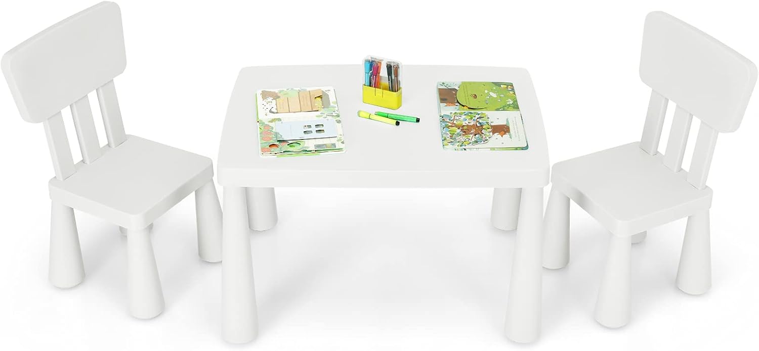 Set Tavolo e Sedie per Bambini 1-7 Anni, 2 Sedie Ergonomiche con Schienale, Materiale PP Atossico e Inodore, Angoli Arrotondati, Adatto per Giocare, Disegnare e Leggere, Portata 50kg (Bianco)