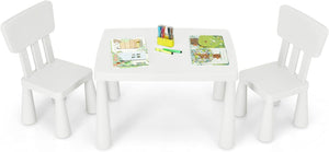 Set Tavolo e Sedie per Bambini 1-7 Anni, 2 Sedie Ergonomiche con Schienale, Materiale PP Atossico e Inodore, Angoli Arrotondati, Adatto per Giocare, Disegnare e Leggere, Portata 50kg (Bianco)