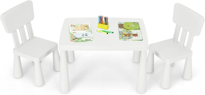 Set Tavolo e Sedie per Bambini 1-7 Anni, 2 Sedie Ergonomiche con Schienale, Materiale PP Atossico e Inodore, Angoli Arrotondati, Adatto per Giocare, Disegnare e Leggere, Portata 50kg (Bianco)