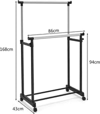 Stand Appendiabiti Multiuso in Metallo, Porta Abiti con Ruote, Appendiabiti Doppio con Altezza Regolabile, 86x43x94-168 cm