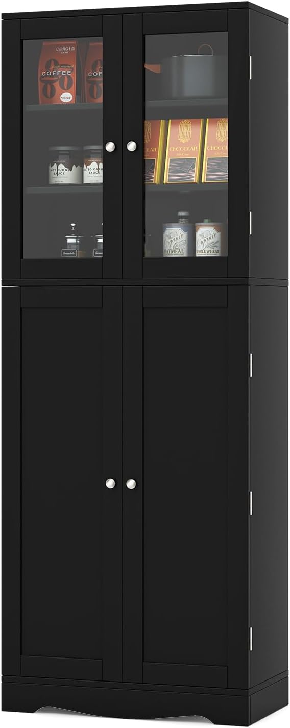 Credenza da Cucina, Dispensa da Cucina con Doppia Porta in Vetro Temperato, Design Antiribaltamento, Ideale per Soggiorno Sala da Pranzo e Cucina, 60x31,5x161,5 cm (Nero)