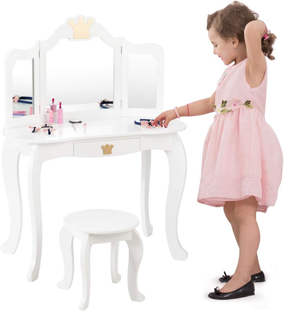 Set Toeletta Trucco e Sedia per Bambine - Smontabile Specchio e Cassetto, Toletta Trucco 2 in 1, 80 x 42 x 105 cm, Bianco